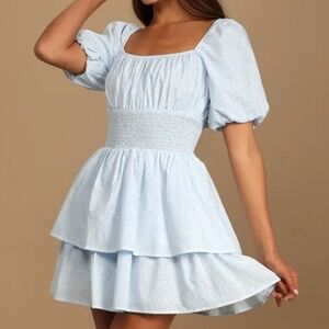 Light blue puffed sleeve tiered dress